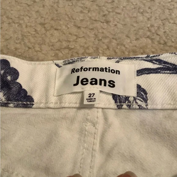 Reformation Jeans Cynthia Toile High Rise Straight White & Blue Size 27/4 small - Picture 3 of 13